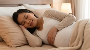 Phụ nữ mang thai ngủ say giấc trên giường với nụ cười mỉm, phản ánh giấc mơ thấy sinh con khi đang mang thai