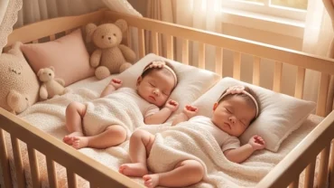 Hai bé gái sinh đôi sơ sinh bụ bẫm ngủ say sưa trong nôi, đại diện cho điềm lành nhân đôi khi mơ thấy sinh đôi con gái