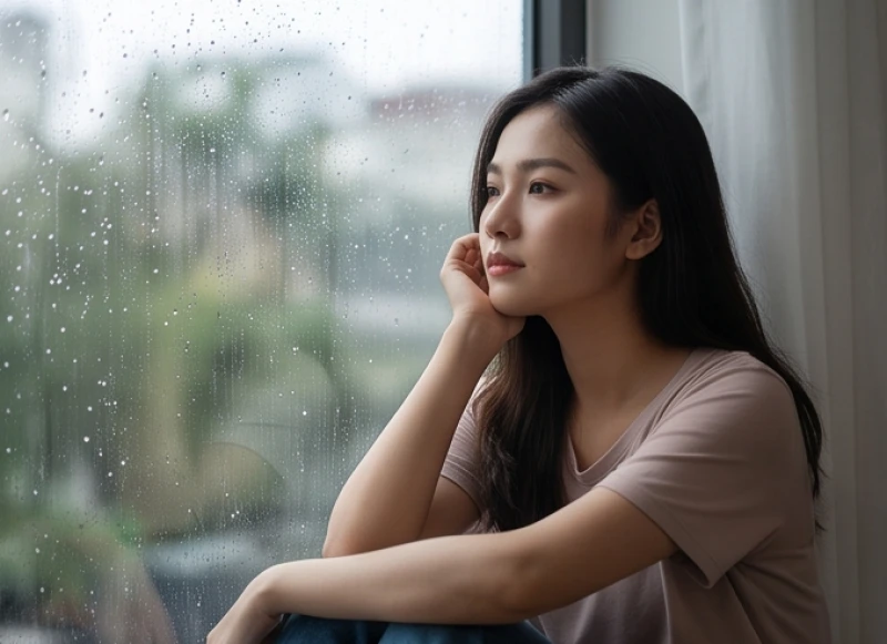 Cô gái băn khoăn ngồi lặng lẽ bên cửa sổ ngắm mưa gợi lên cảm giác về sự xa cách trong tình cảm