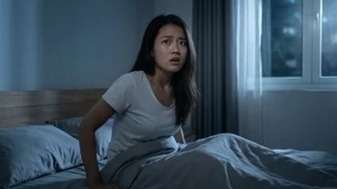 Người phụ nữ giật mình tỉnh giấc sau khi mơ thấy tai nạn giao thông với biểu cảm lo âu trên giường ngủ