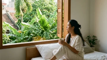 Người phụ nữ Việt Nam ngồi tĩnh tâm bên cửa sổ sau giấc mơ thấy tai nạn chết người