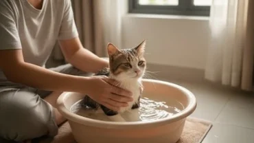 Chú mèo ngoan ngoãn được tắm rửa sạch sẽ trong chậu nước ấm phản ánh thông điệp khi mơ thấy tắm cho mèo