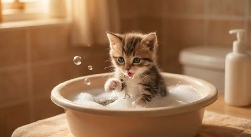 Mơ thấy tắm cho mèo: Giải mã tâm lý, điềm báo và con số tài lộc 4 Chú mèo con đáng yêu đang đùa giỡn với bọt nước trong chậu tắm nhỏ