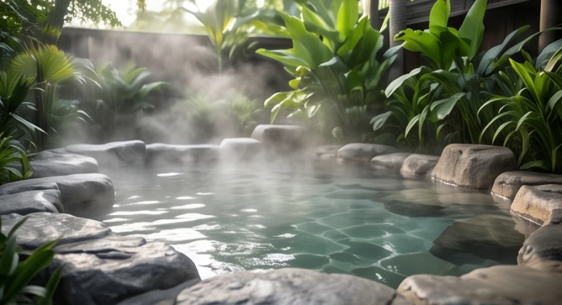 Mơ thấy đi tắm: Phân tích tâm lý, điềm báo và cách hóa giải 3 Hơi nước bốc lên mờ ảo từ một hồ tắm nước nóng bằng đá tự nhiên giữa không gian tĩnh lặng