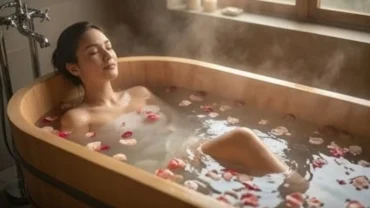 Người phụ nữ thư giãn trong bồn tắm nước ấm trong vắt đại diện cho ý nghĩa mơ thấy tắm rửa mang lại năng lượng tích cực