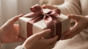 Bàn tay trao hộp quà tinh tế dưới ánh sáng ấm áp, đại diện cho những điềm báo khi mơ thấy tặng quà trong tâm thức