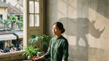 Hình ảnh người trẻ ngồi thư giãn trong phòng khách tại Việt Nam nhằm giải tỏa căng thẳng sau khi mơ thấy tê giác