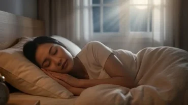 Người phụ nữ đang ngủ say trên giường và mơ thấy thằn lằn rơi vào người trong không gian phòng ngủ yên tĩnh.