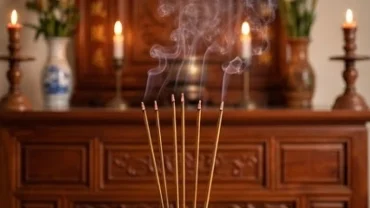 Bàn thờ tổ tiên truyền thống ấm cúng với nhang khói, mang ý nghĩa điềm báo khi mơ thấy thắp hương cho ông bà