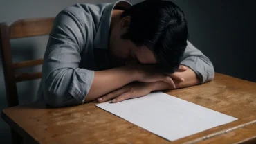 Người trưởng thành gục đầu mệt mỏi trên bàn làm việc bên cạnh tờ giấy trắng liên quan đến giấc mơ thấy thi rớt