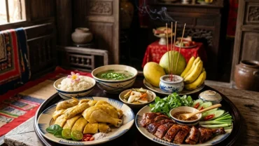 Mâm cúng truyền thống tươm tất giúp giải mã điềm báo mơ thấy thịt gà vịt trong văn hóa phong thủy