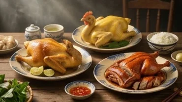Mâm cỗ cúng truyền thống với đĩa gà luộc và thịt vịt quay giúp giải mã điềm báo khi mơ thấy thịt gà vịt