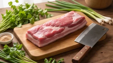 Tảng thịt lợn tươi màu đỏ hồng đặt trên thớt gỗ sạch sẽ giải mã giấc mơ thấy thịt lợn tươi