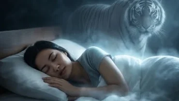 Người phụ nữ ngủ say trong không gian sương mù với bóng mờ của một con hổ hùng dũng trong giấc mơ thấy thú dữ