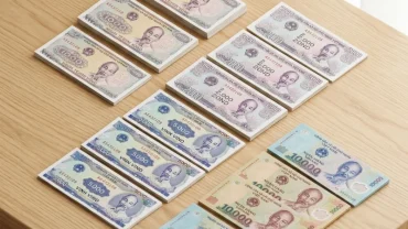 Hình ảnh minh họa điềm báo tài chính khi mơ thấy tiền lẻ với những tờ tiền giấy mệnh giá nhỏ được xếp gọn gàng trên bàn