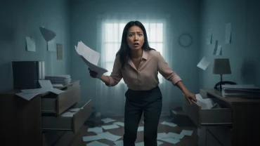 Người phụ nữ mang vẻ mặt lo âu, loay hoay giữa không gian mờ ảo khi mơ thấy tìm đồ mãi không thấy