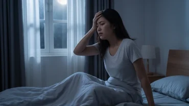 Người phụ nữ trẻ lo âu thức giấc trên giường sau khi mơ thấy tình yêu bị ngăn cản trong bóng tối
