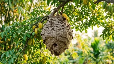 Tổ ong vò vẽ treo trên cành cây khế xum xuê ở vườn nhà Việt Nam gợi nhớ tới giấc mơ thấy tổ ong vò vẽ