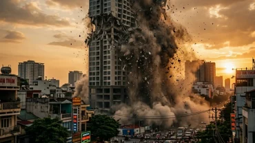 Hình ảnh minh họa cảnh hoang tàn khi mơ thấy toà nhà bị sập phản ánh áp lực công việc và điềm báo phong thủy