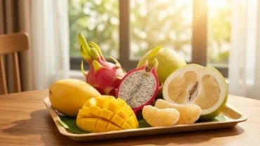 Một mâm trái cây nhiệt đới tươi ngon rực rỡ dưới ánh nắng ban mai tượng trưng cho điềm lành khi mơ thấy trái cây