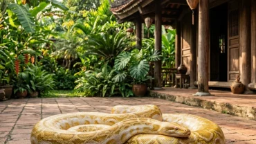 Khung cảnh một con trăn lớn nằm tĩnh lặng trước hiên nhà gỗ mộc mạc minh họa cho điềm báo mơ thấy trăn khổng lồ