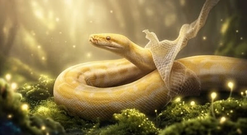 Lớp da cũ của con trăn khổng lồ rơi rụng bên cạnh một con trăn màu vàng óng ả
