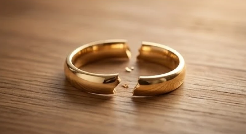 Mơ thấy trang sức là điềm gì: Giải mã chi tiết & con số may mắn 7 Chiếc nhẫn cưới bằng vàng bị nứt gãy làm đôi đặt trên mặt bàn gỗ trong ánh sáng mờ