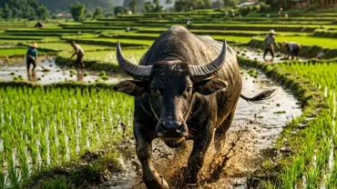 Góc nhìn kịch tính thể hiện cảm giác hoảng sợ khi mơ thấy trâu đuổi húc mình giữa khung cảnh làng quê thanh bình
