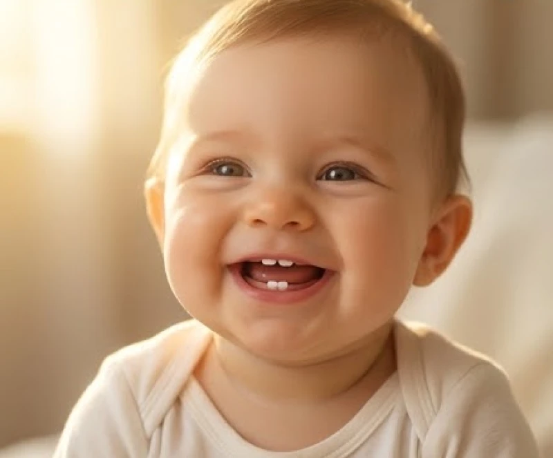 Em bé kháu khỉnh đang cười rạng rỡ khoe những chiếc răng sữa đầu tiên đầy đáng yêu