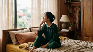 Người phụ nữ thức giấc lo âu trong phòng ngủ ấm áp phản ánh tâm trạng bất an khi mơ thấy trẻ em khóc