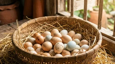 Ổ trứng gà tươi nguyên vẹn đặt trên rơm rạ giúp bạn giải mã điềm báo mơ thấy trứng gà trong phong thủy