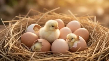 Ổ trứng gà nứt vỏ với bầy gà con vàng óng trên lớp rơm ấm áp đại diện cho điềm báo mơ thấy trứng gà nở
