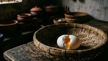 Quả trứng gà nứt vỏ nằm trên chiếc rổ tre truyền thống minh họa cho điềm báo mơ thấy trứng gà vỡ