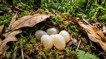 Cận cảnh ổ trứng rắn trắng đục nằm ẩn dưới thảm lá rụng trong rừng sâu biểu trưng cho điềm báo mơ thấy trứng rắn