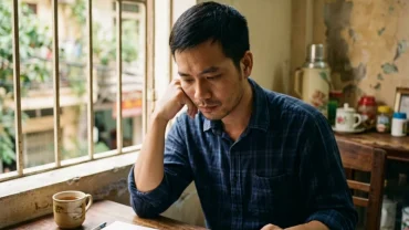 Hình ảnh người đàn ông Việt Nam ngồi suy tư bên bàn làm việc cùng cuốn sổ chi tiêu gia đình khi mơ thấy trúng số
