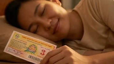 Người đàn ông mỉm cười hạnh phúc chìm trong giấc mơ thấy trúng số khi đang cầm hờ tờ vé số kiến thiết trên tay