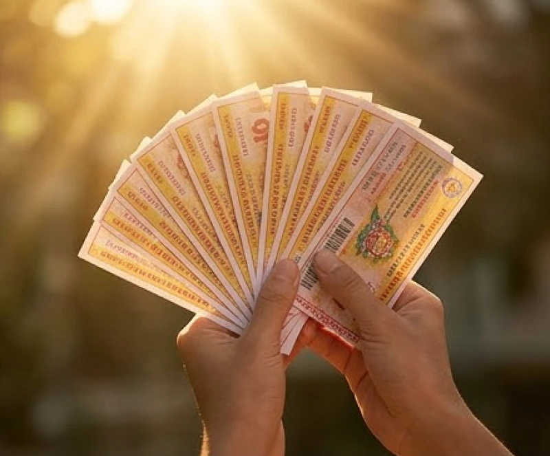 Bàn tay cầm xấp vé số kiến thiết vươn lên cao đón lấy ánh nắng rực rỡ mang theo hy vọng đổi đời