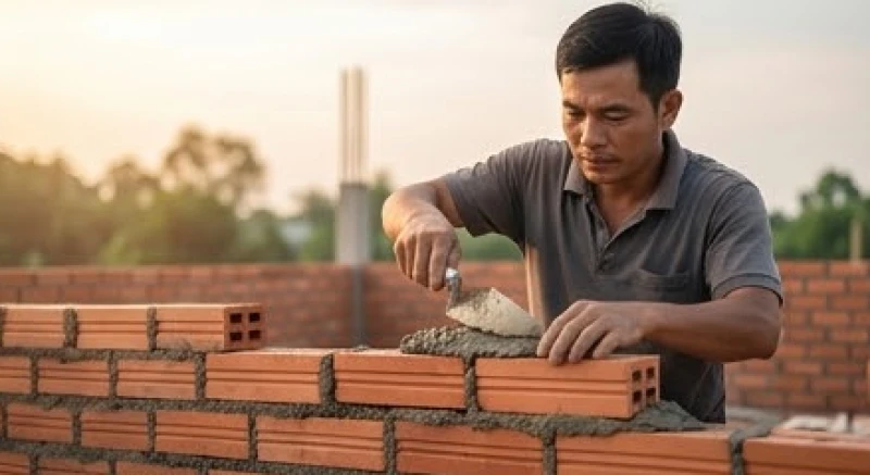 Mơ thấy xây nhà điềm lành hay dữ: Phân tích bối cảnh & tâm lý 2 Một người đàn ông đang cẩn thận tỉ mỉ trát vữa và xếp từng viên gạch đỏ để dựng lên bức tường mới
