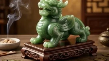 Tượng Tỳ Hưu phong thủy quyền uy đặt trên bàn gỗ, đại diện cho những điềm báo tài lộc khi mơ thấy tỳ hưu