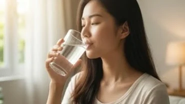 Người phụ nữ Việt Nam uống ly nước lọc trong vắt, đại diện cho trạng thái tinh thần và điềm báo khi mơ thấy uống nước