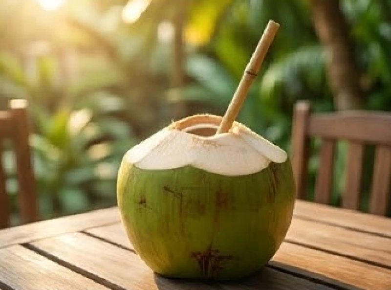 Trái dừa tươi ngọt nước được cắm ống hút đại diện cho hỷ sự và gia đạo bình an