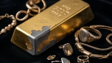 Thỏi vàng xỉn màu bong tróc lộ lớp kim loại kém chất lượng thể hiện trực quan điềm báo mơ thấy vàng giả