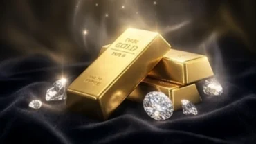 Vàng thỏi nguyên chất và viên kim cương lấp lánh rực rỡ tượng trưng cho giấc mơ thấy vàng và kim cương