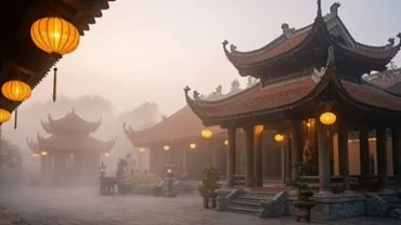 Ngôi chùa cổ kính mang đậm kiến trúc Việt Nam chìm trong màn sương mờ ảo buổi sớm khi mơ thấy vào chùa