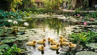 Hình ảnh minh họa cho giấc mơ thấy vịt con màu vàng bơi lội trong hồ nước trong xanh mang ý nghĩa tài lộc và may mắn