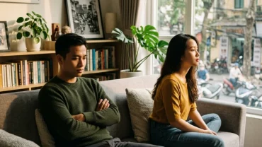 Hình ảnh người vợ buồn bã ngồi quay lưng lại với chồng sau khi mơ thấy vợ chồng cãi nhau trong phòng ngủ ấm áp