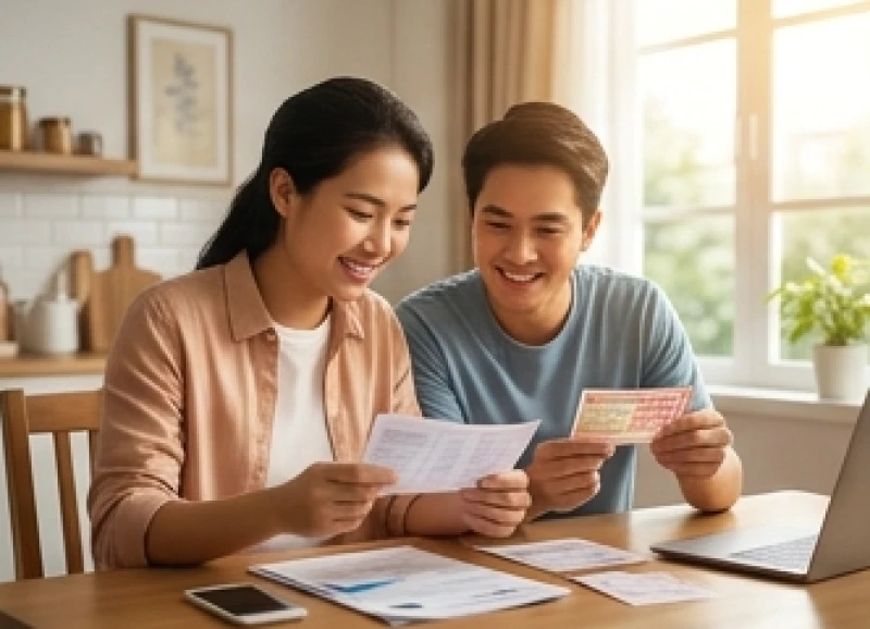 Hai vợ chồng trẻ đang cùng nhau xem xét kế hoạch tài chính với nụ cười rạng rỡ và hạnh phúc