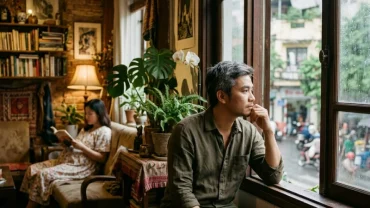 Hình ảnh người chồng ngồi suy tư bên cửa sổ tại phòng khách ấm cúng ở Việt Nam sau khi mơ thấy vợ có bầu