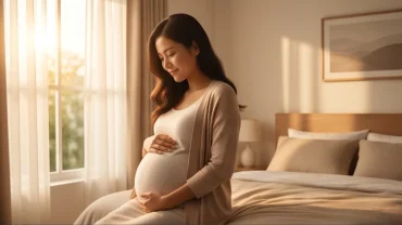 Người phụ nữ mang thai mỉm cười bình yên bên khung cửa sổ khi người chồng mơ thấy vợ có bầu