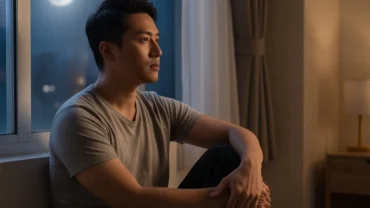 Người đàn ông gốc Á trầm tư trong bóng tối phản chiếu ý nghĩa tâm lý khi mơ thấy vợ cũ